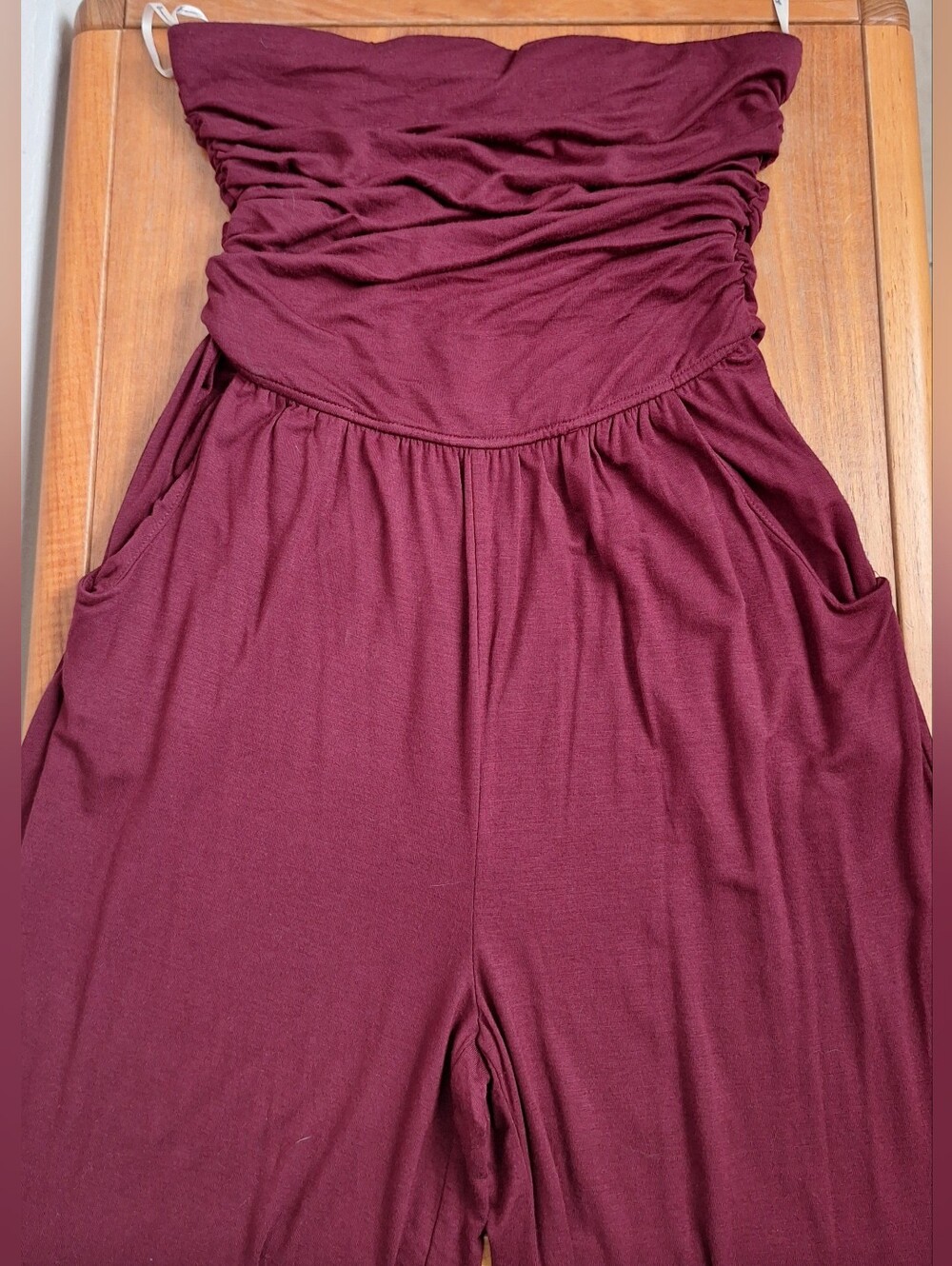 Forever 21 Wide Leg Jumpsuit Jersey Pockets Strapless Y2K Burgundy Aubergine S
